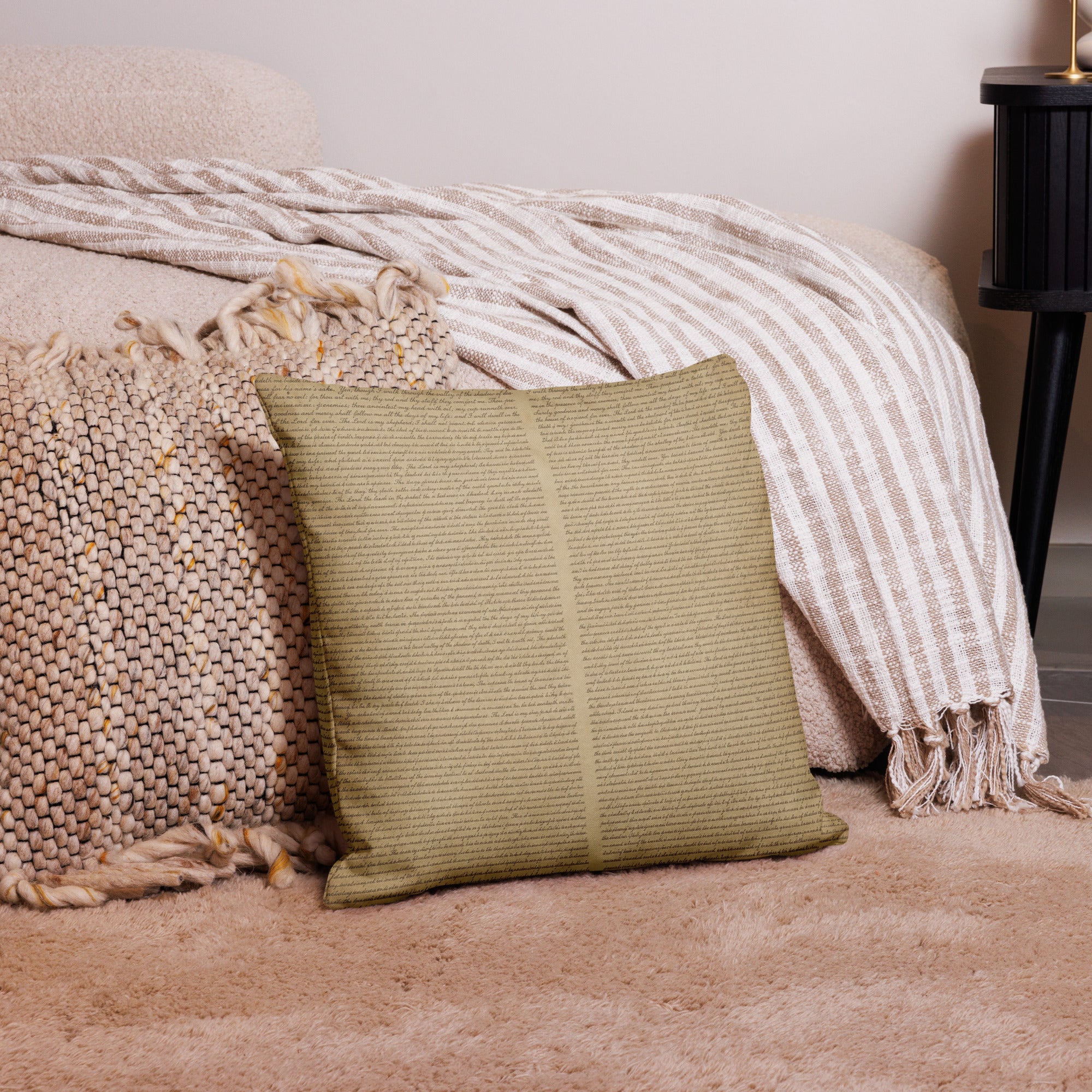 Luxury Comfort Pillow with a subtle textured pattern, placed on a cozy, neutral-toned living space featuring soft throws and woven accents, creating an elegant and inviting atmosphere.