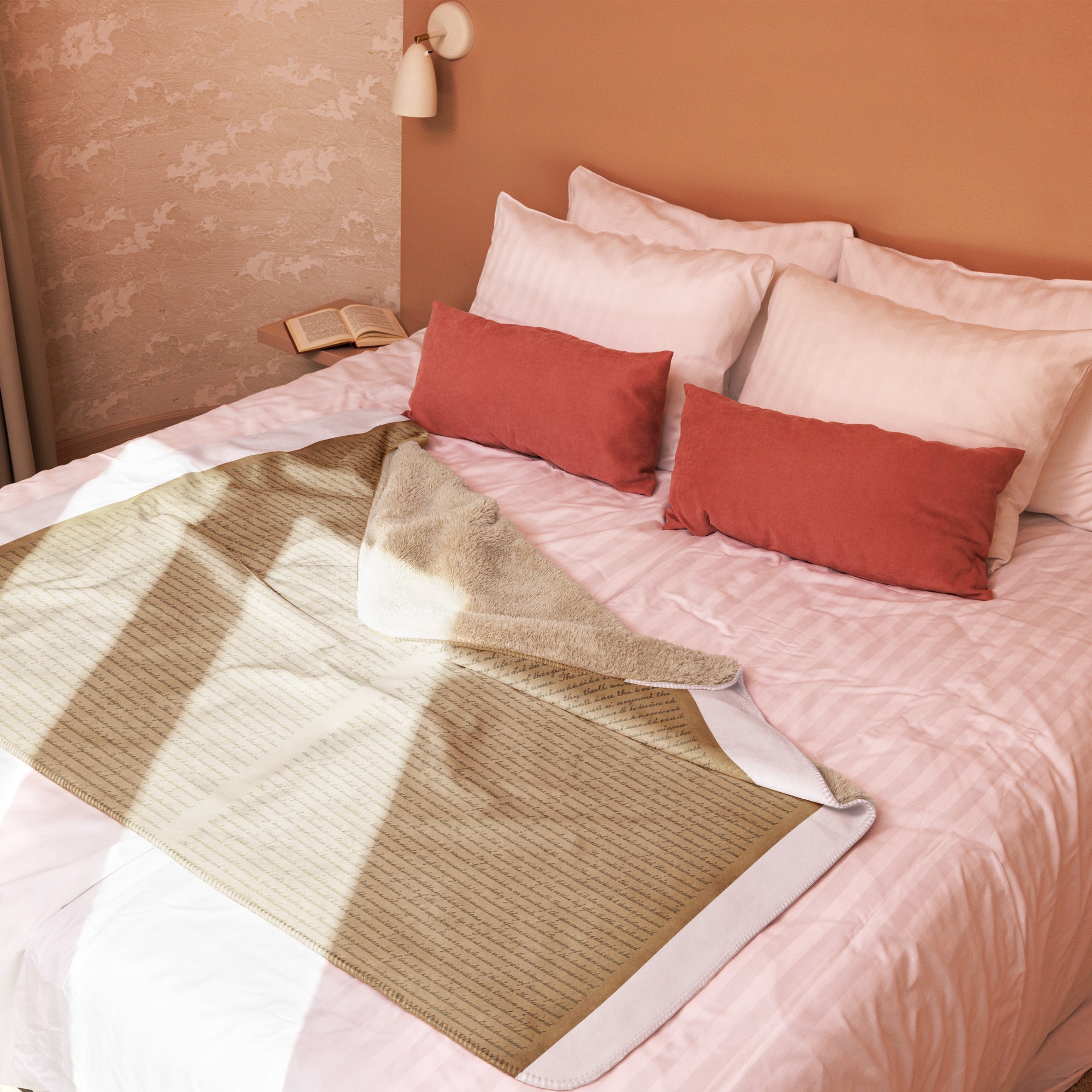 Luxury Sherpa Throw Blanket — Signature Edition in soft tan draped over a bed with white linens and rust-colored pillows in a warm, elegant bedroom setting.